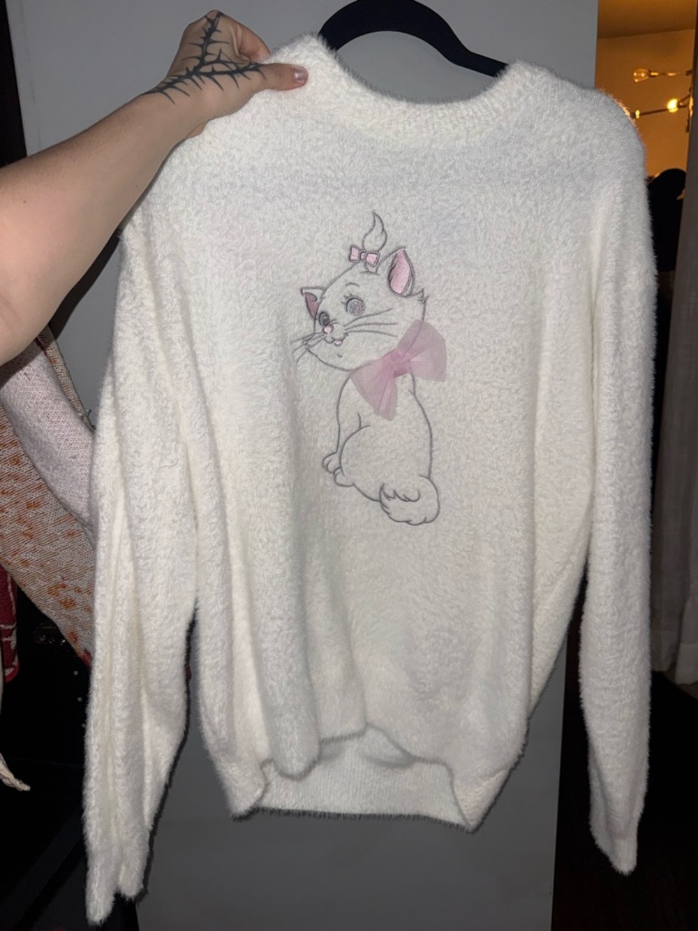 Cozy White Fuzzy Sweater with Pink Bow Kitten
